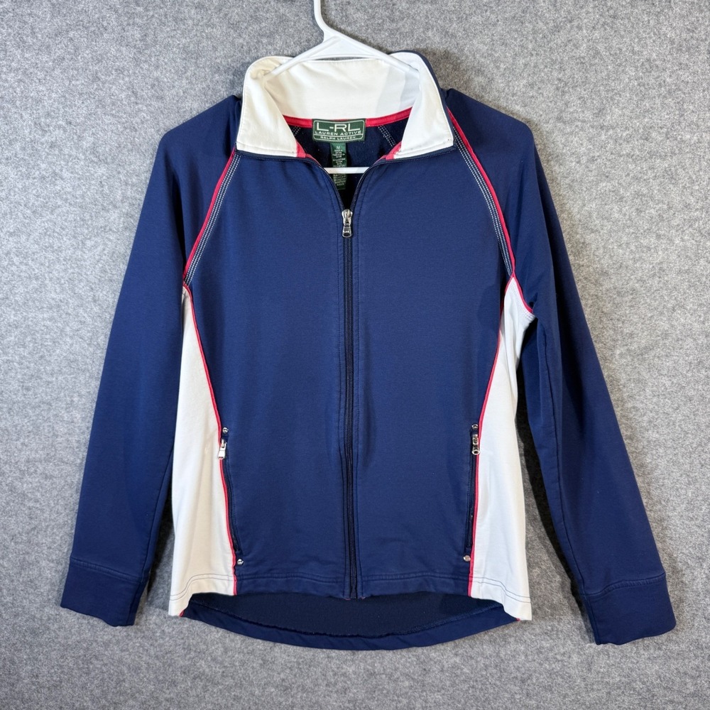 LRL Lauren Active Jacket Full Zip Up Navy Blue White‎ Red Trim Pullover